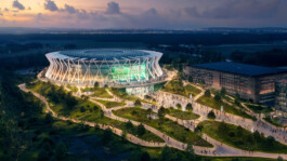 Munich Arena – aerial rendering of the new concert arena at the Munich airport LabCampus