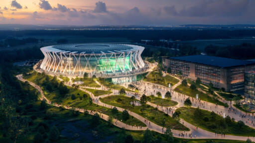 Munich Arena – aerial rendering of the new concert arena at the Munich airport LabCampus